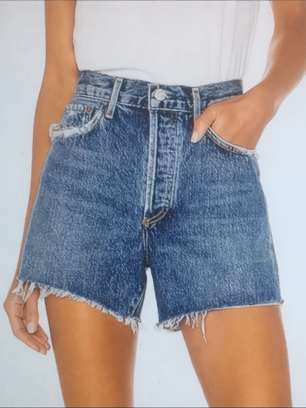 AGOLDE Reese High Rise Relaxed Denim Shorts Sz 26 Medium Wash Distressed Cut Off